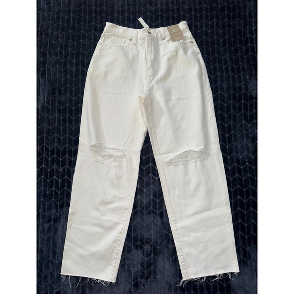 Madewell Denim - Madewell Women's Ripped Knee Baggy Straight Leg‎ Jeans Raw Hem White Size 29